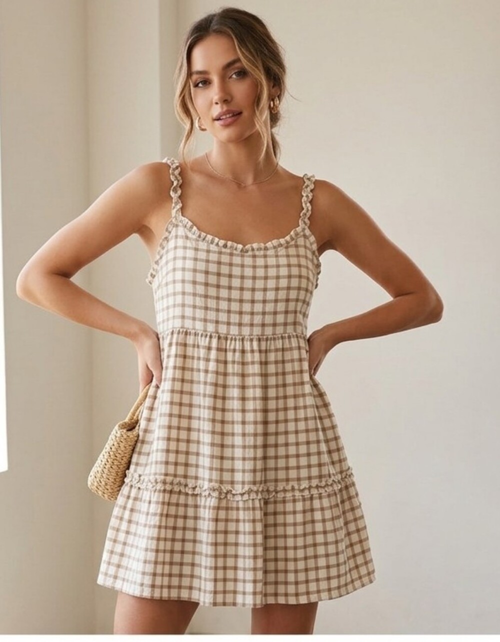 Forever 21 Beige Plaid Ruffle-Strap Mini Dress
